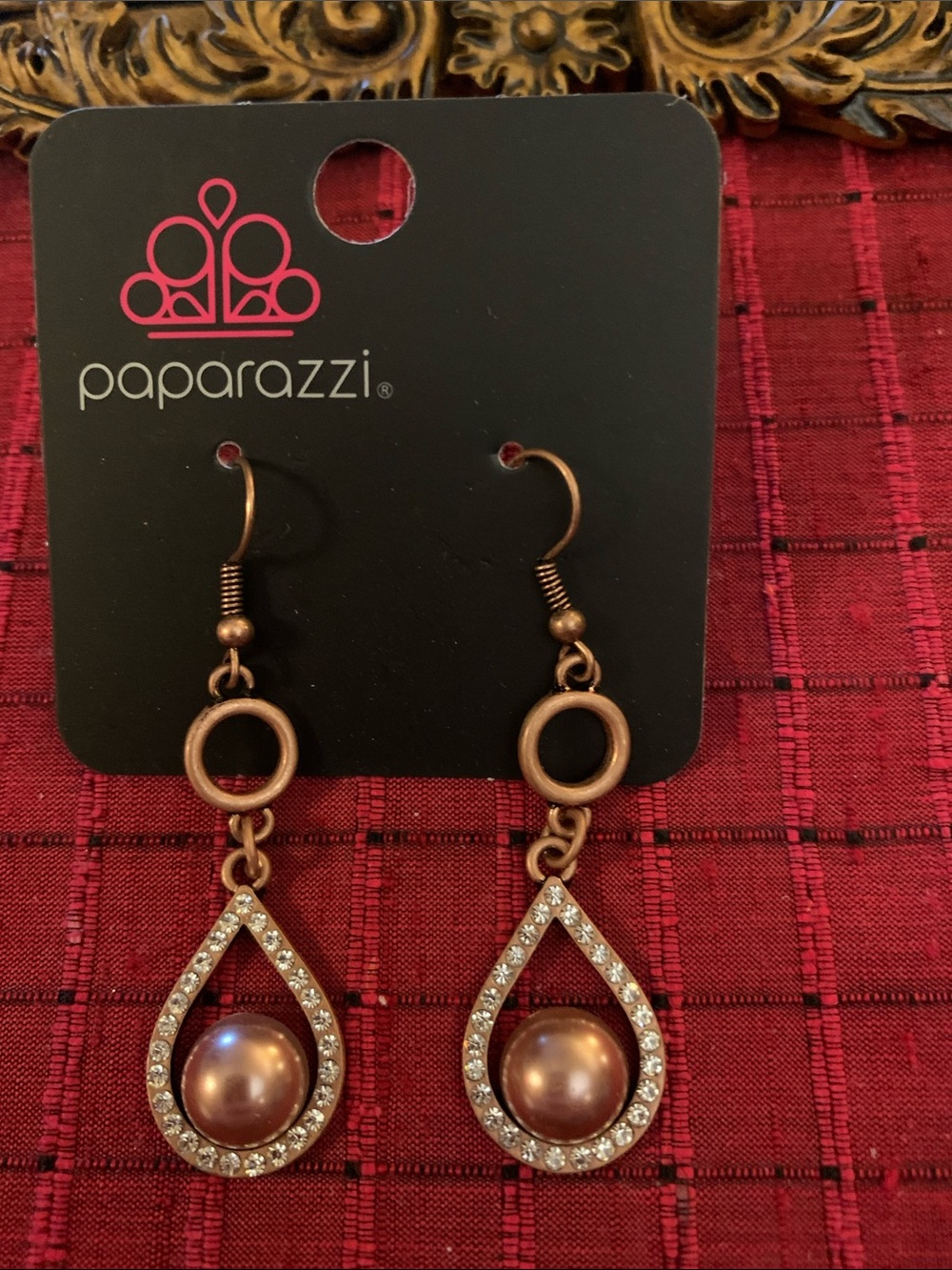 Paparazzi Rose Gold Teardrop Pearl and Crystal Dangle Earrings
